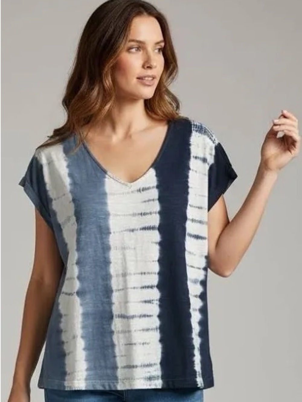 Pure Jill Tie-Dyed Dolman Tee V-Neck Short Sleeve Blue Beachy Relaxed Cotton